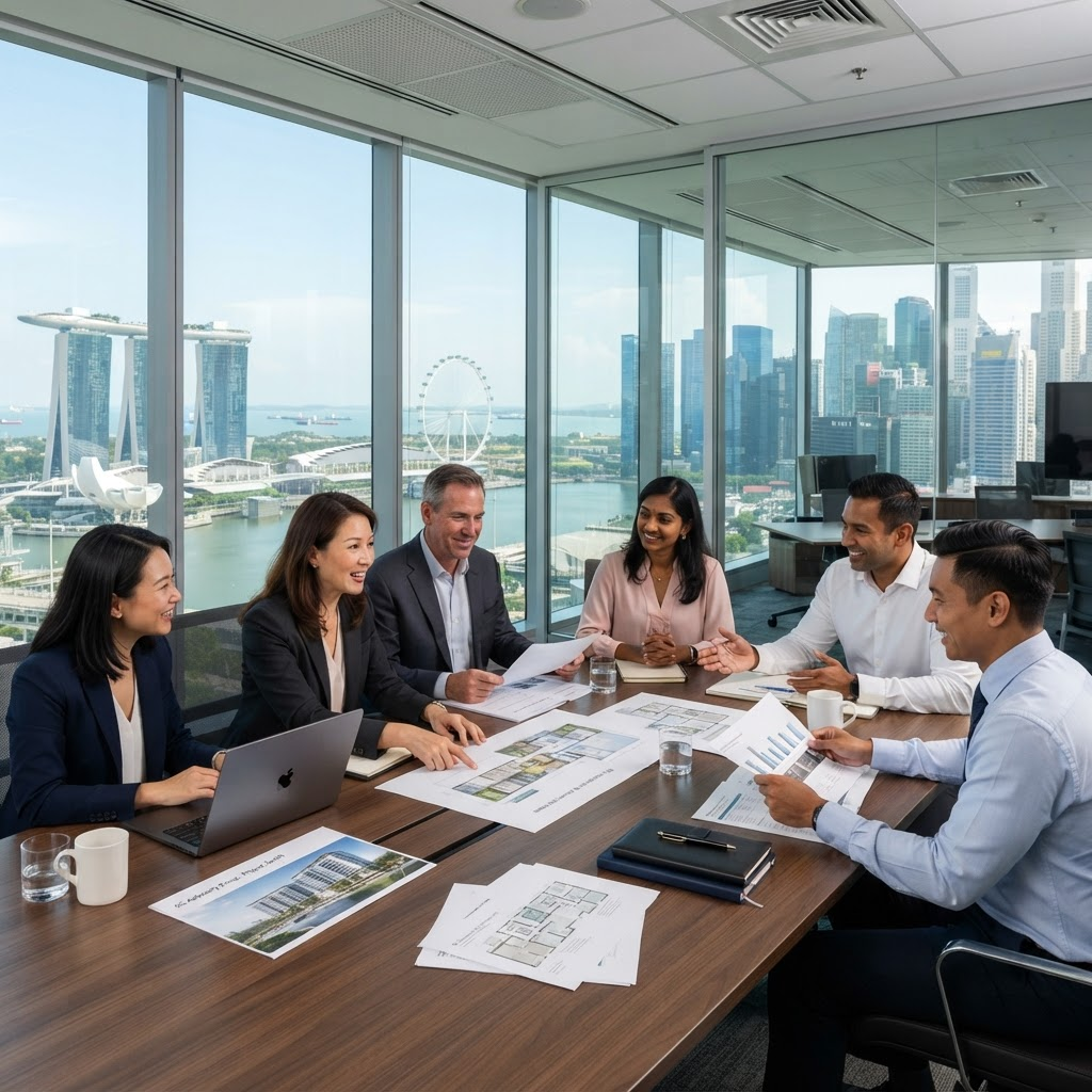 Advisors reviewing commercial property plans in a Singapore office