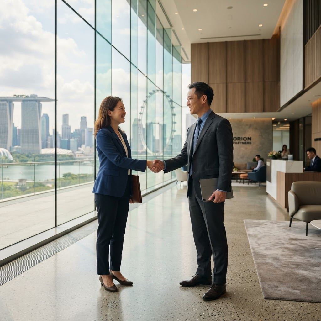 Business professionals shaking hands in a Singapore office lobby
