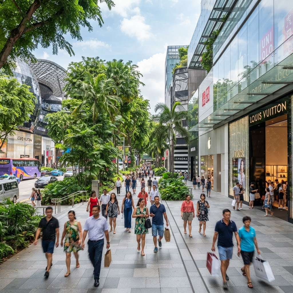 Vibrant retail street with modern shopfronts in Singapore
